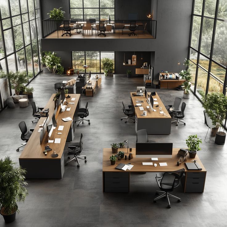 Illustration of a modern office workspace with movement-friendly layout